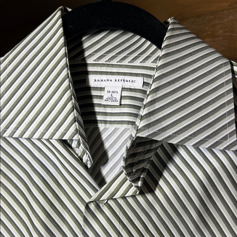 Banana Republic Men's Olive and White Striped Dress Shirt- French Cuff